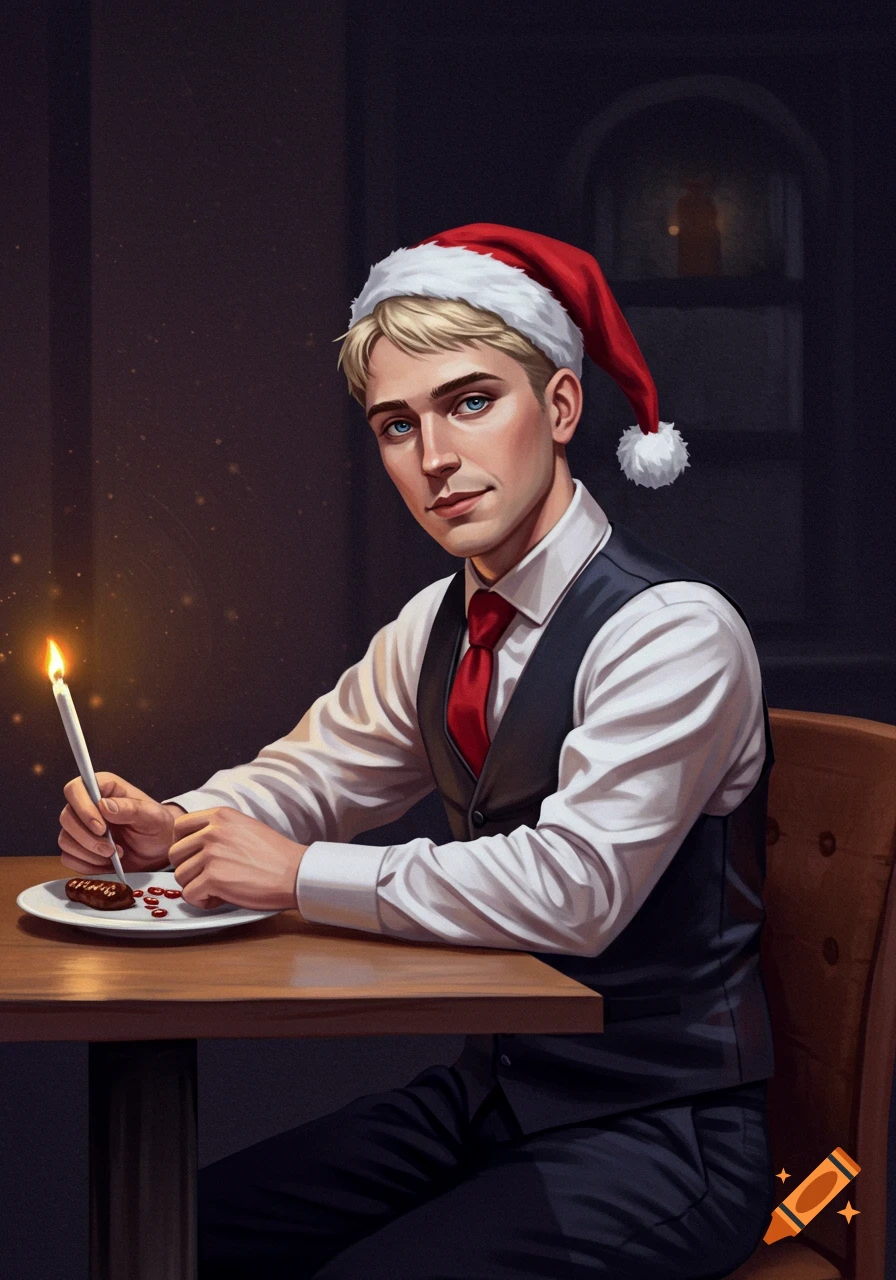 Young man in Santa hat sitting at a table with a candle and pastry on ...