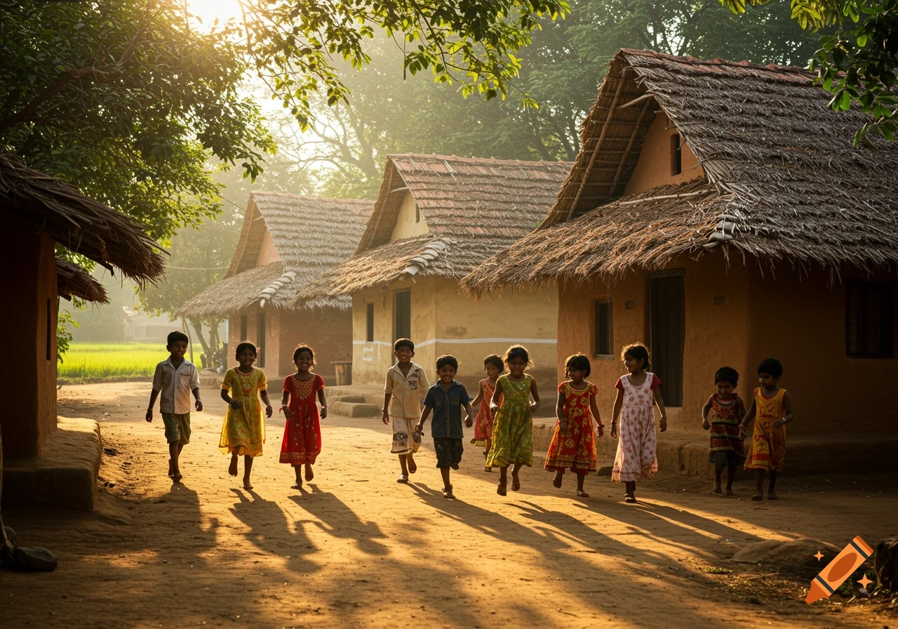Children playing in a sunny village street with traditional houses.