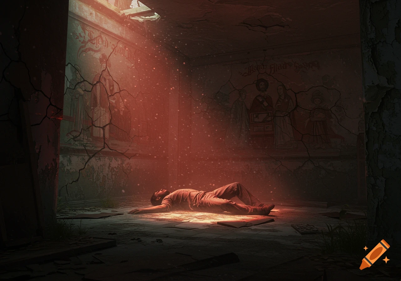 A person lies on the floor of a crumbling, dusty room in a cemetery, illuminated by a ray of light from a hole in the ceiling. Murals on the cracked walls.