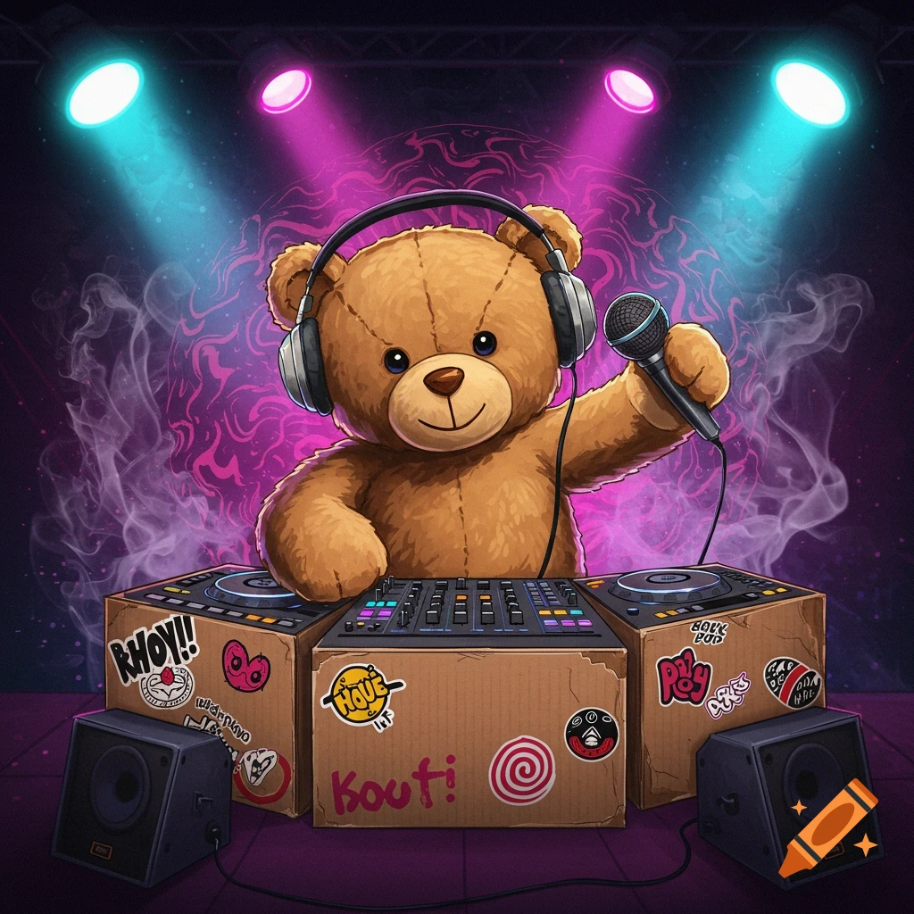 Stuffed teddy bear DJ with headphones and microphone behind cardboard DJ decks, illuminated by stage lights.