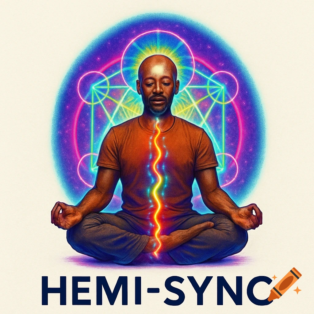 Meditating man with glowing energy rising, psychedelic geometry background, text HEMI-SYNC