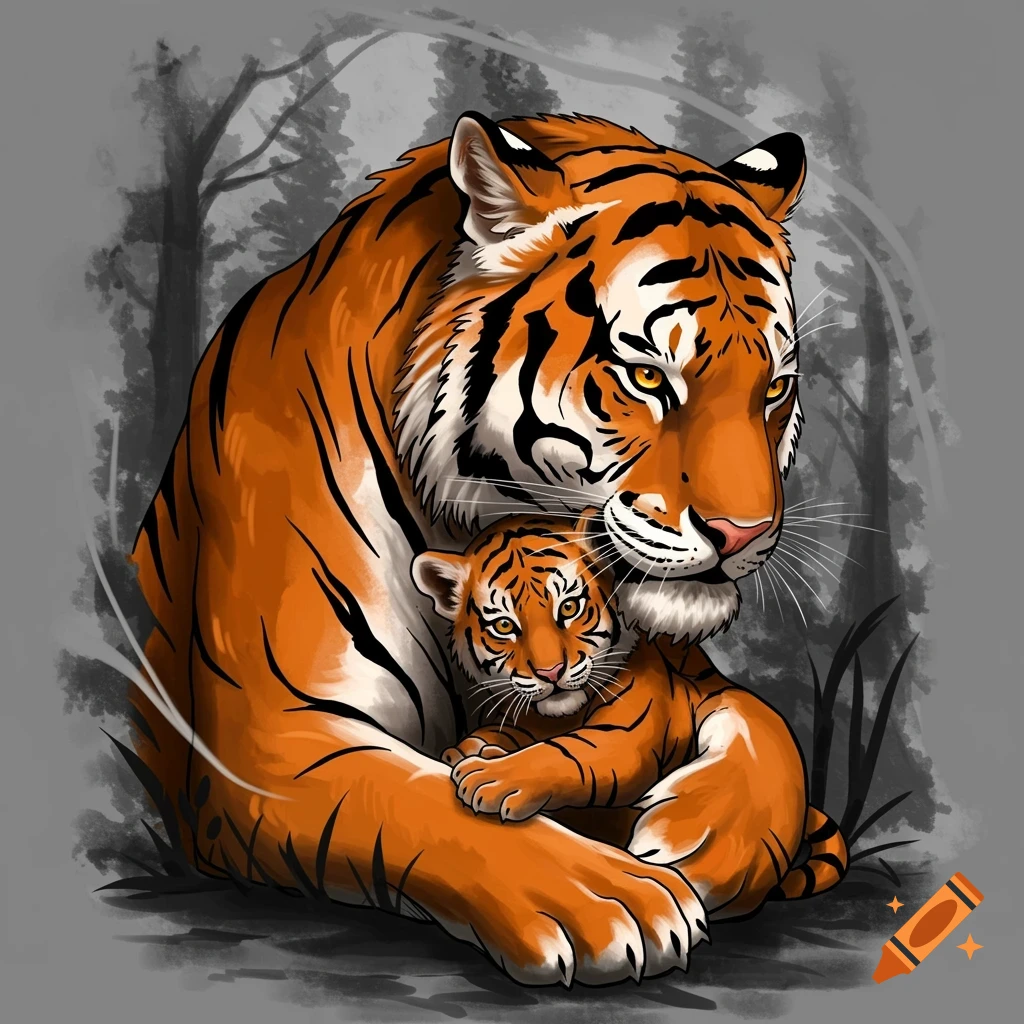 Illustration of a tiger and cub hugging in a forest setting.