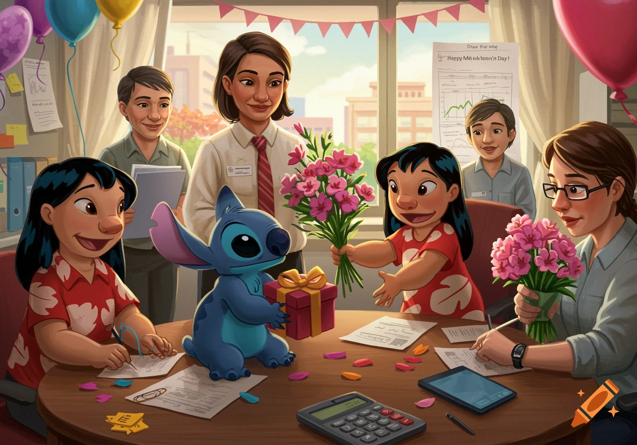 Lilo, Stitch, and coworkers celebrate Mothers Day in an office with flowers and gifts, illustrated.