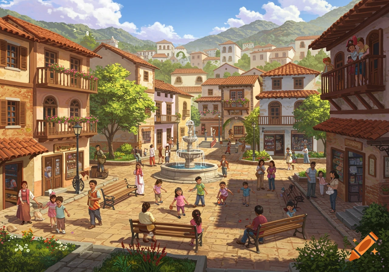 Lively illustration of a busy town square in a village with buildings, a fountain, and many people.