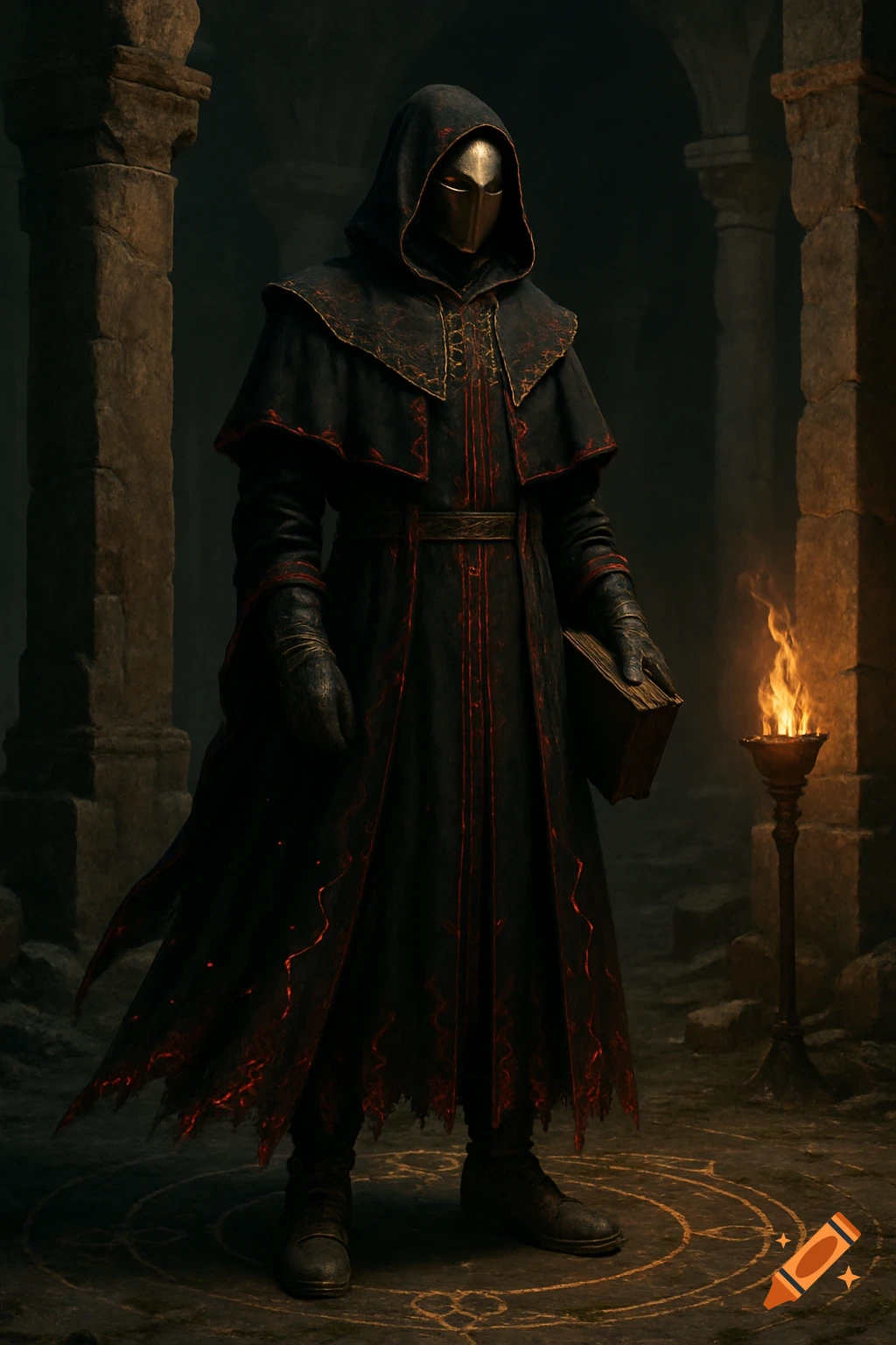A cloaked figure in dark attire and metallic mask stands in a crumbling ruin, holding a book near a torch.