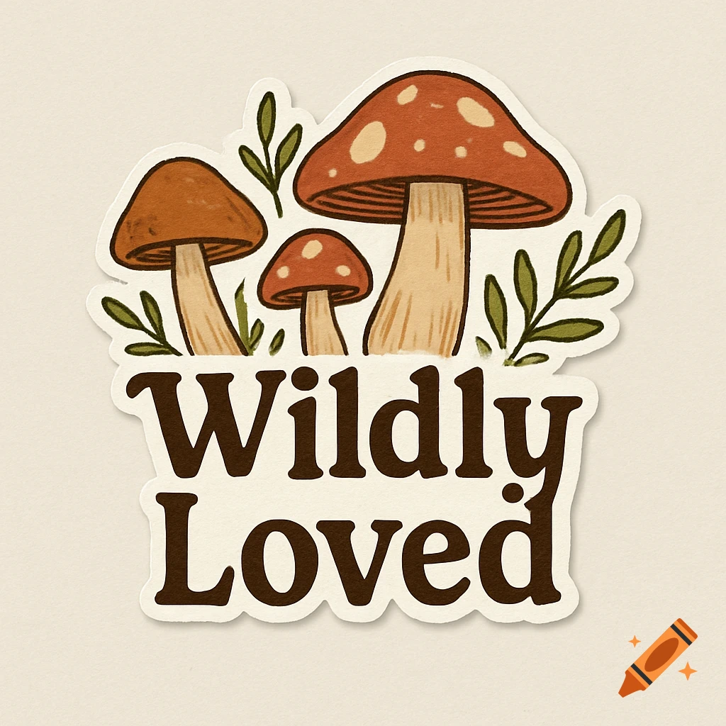 Illustration sticker with mushrooms and leaves above the text 'Wildly Loved'.