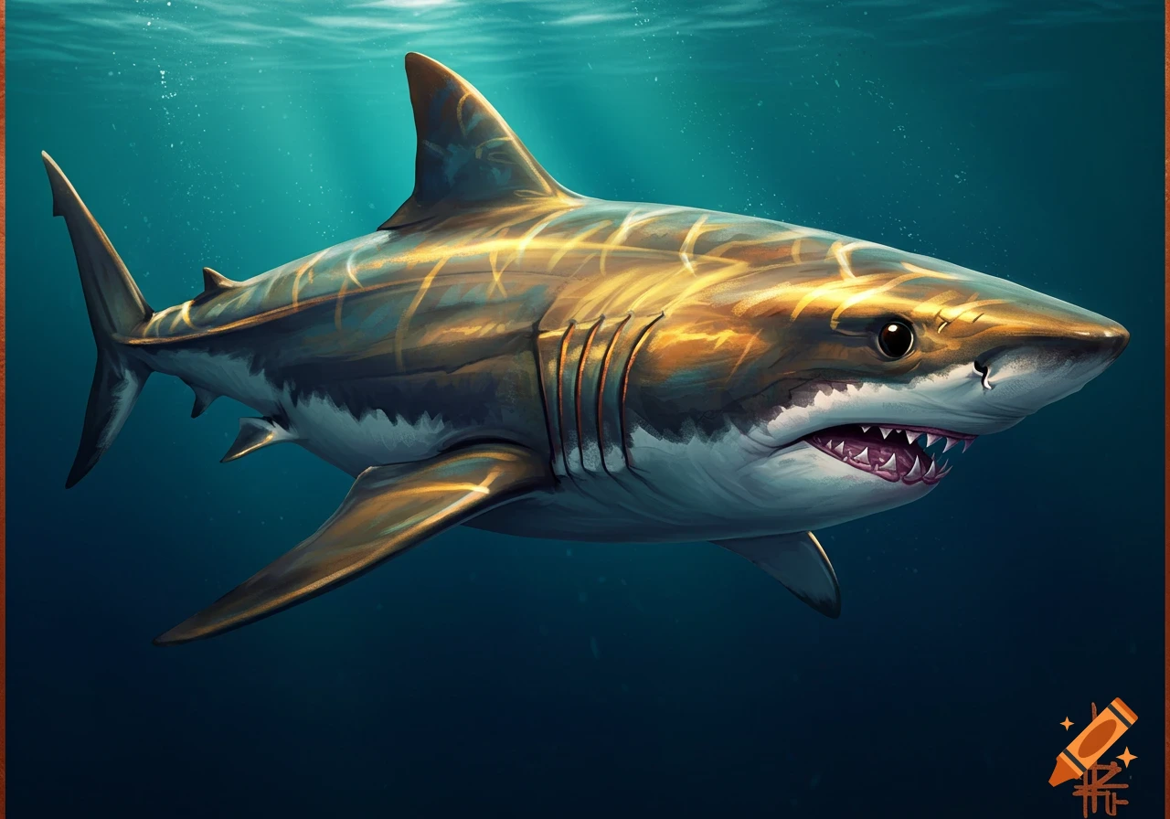 A stylized shark with golden markings swims underwater.
