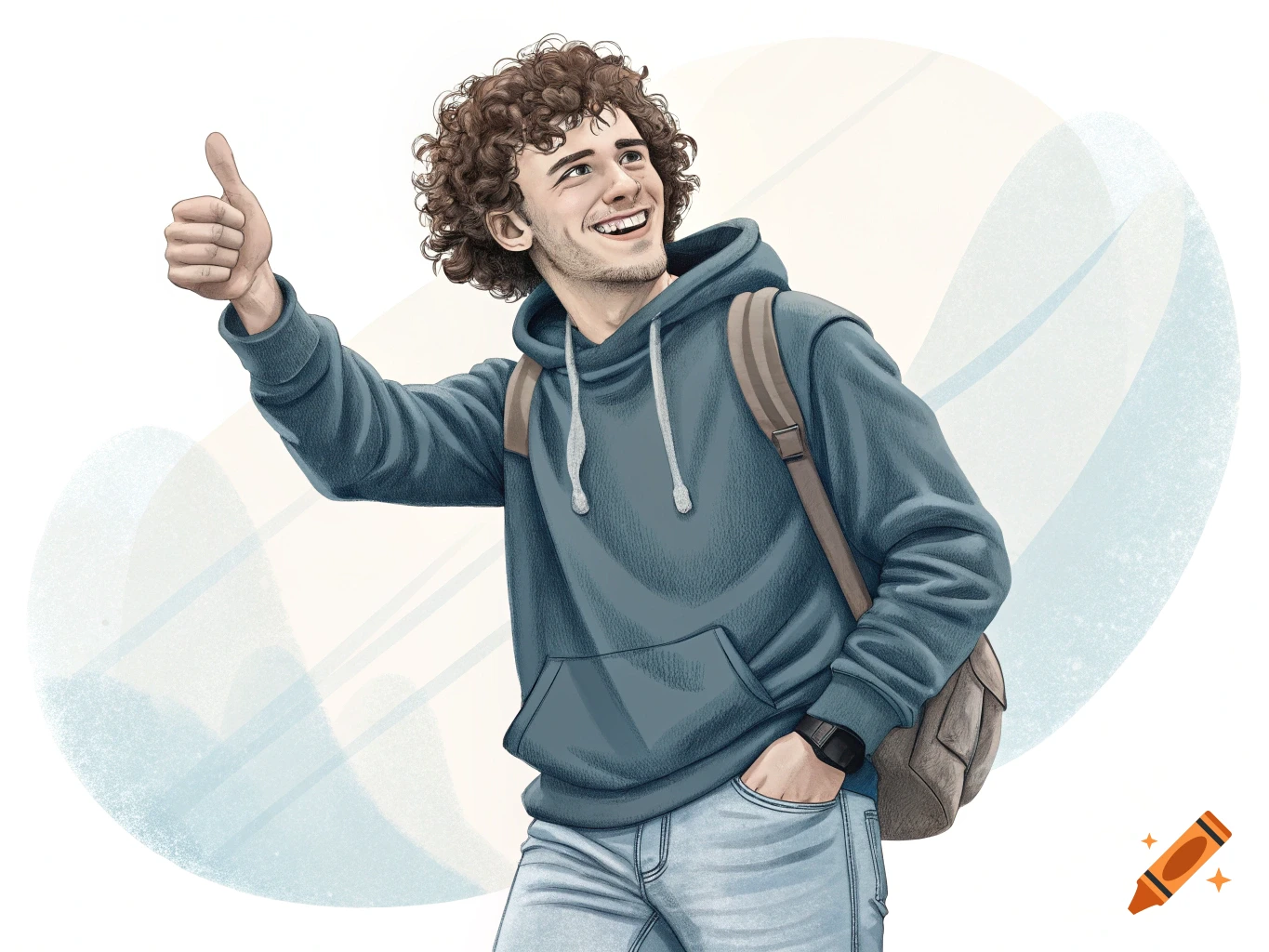 An illustration of a young man with curly hair and a backpack giving a thumbs up.