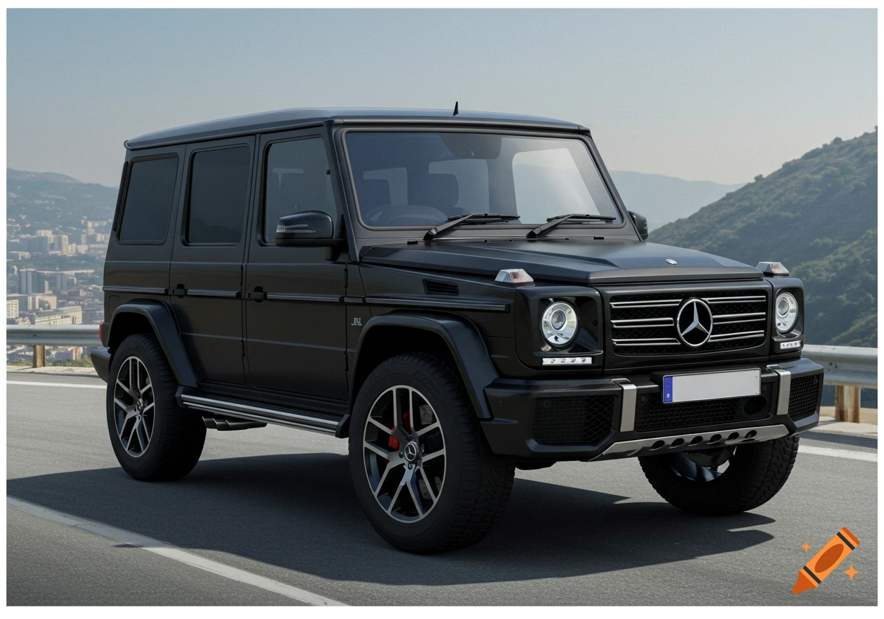 A black Mercedes-Benz G wagon parked on a road with mountains and a ...