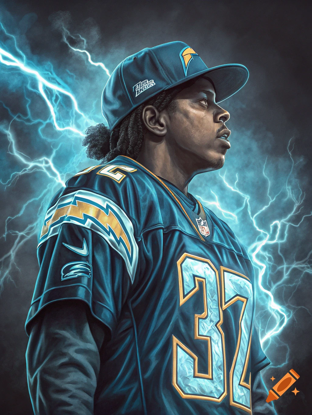 A man wearing a Los Angeles Chargers football jersey and cap stands amidst blue lightning strikes.