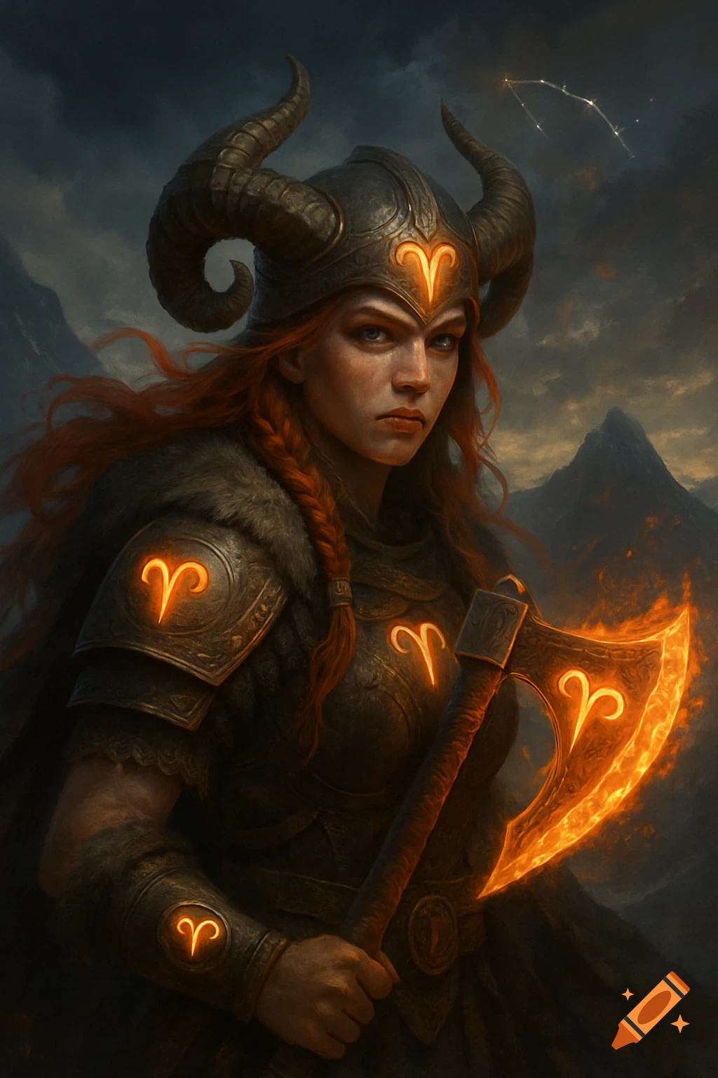 A female fantasy warrior with ram horns on her helmet, holding a glowing axe with Aries symbols, in a stormy mountain landscape.