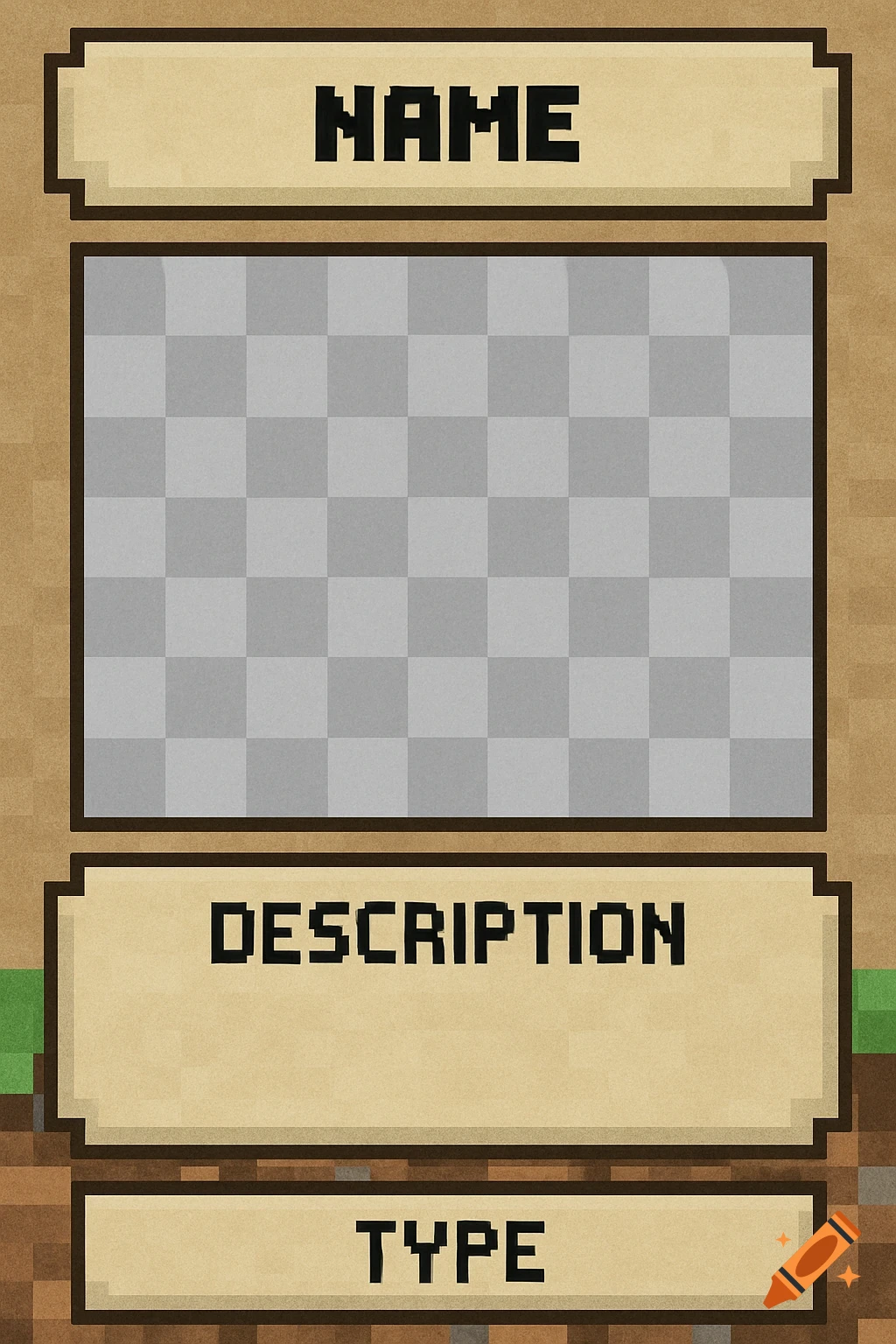 Pixelated Minecraft style card game template with placeholders for name, picture, description, and type.