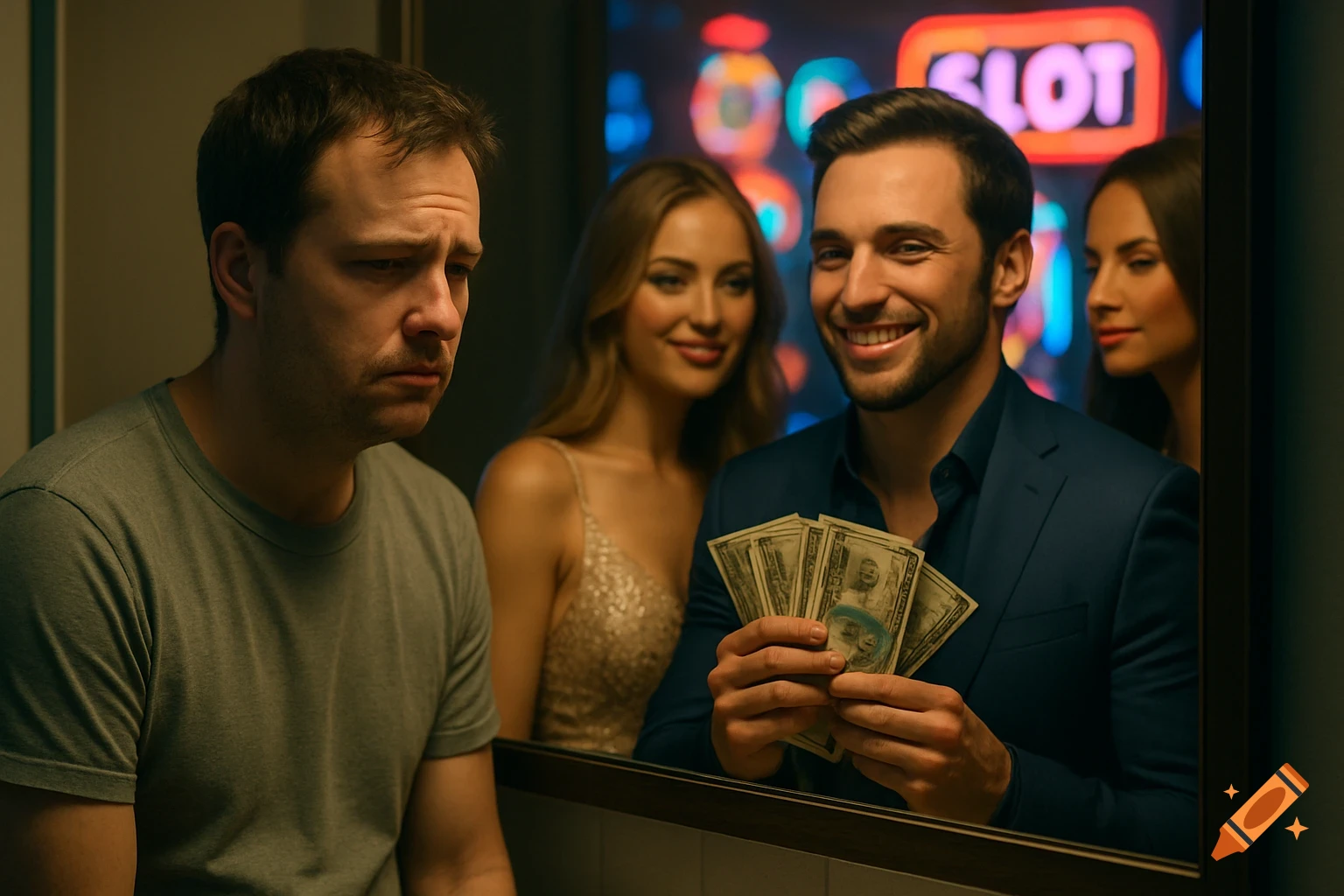 A sad man looks at his reflection, which shows a happy man with money and women in a casino.