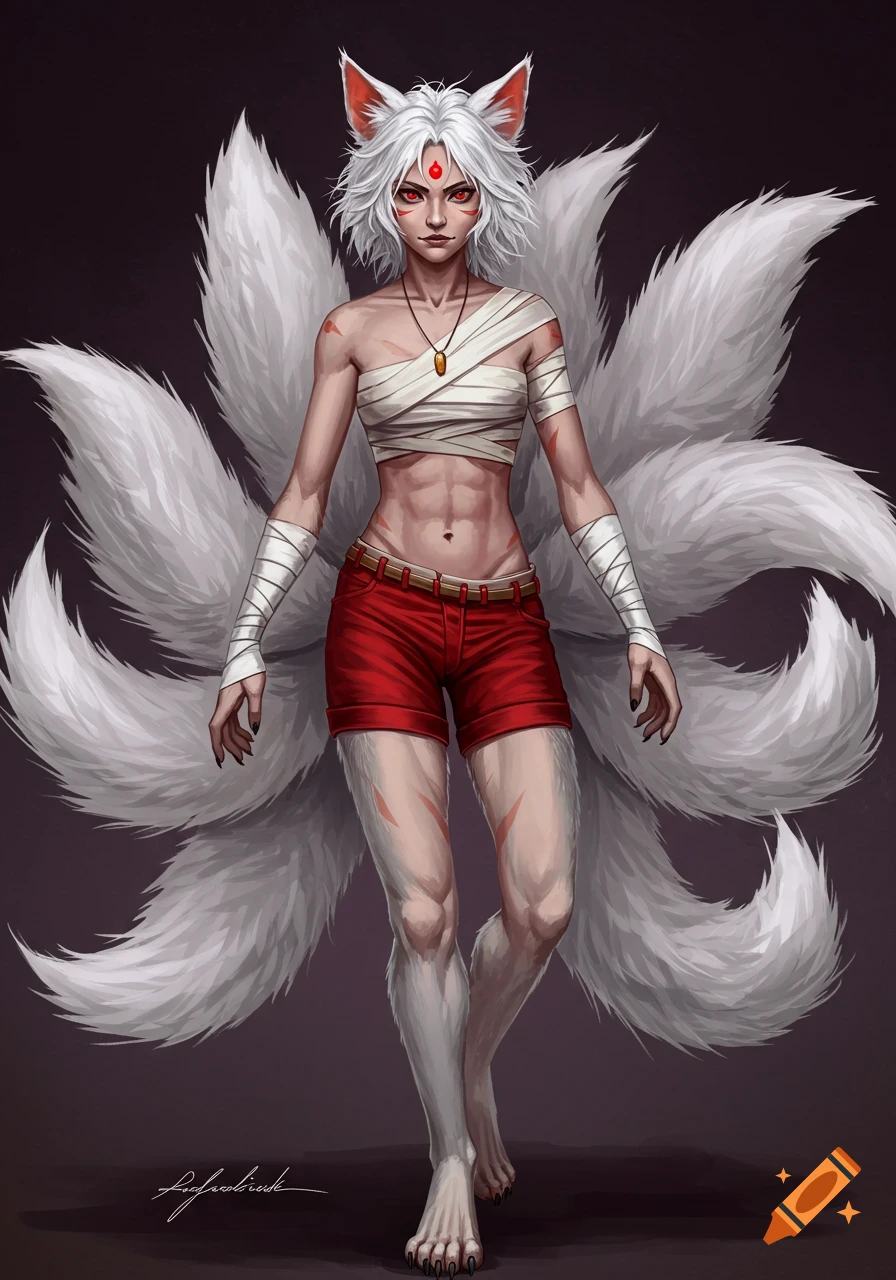 A muscular Kitsune hybrid with white fur, red eyes, bandaged chest, red shorts, and nine tails.