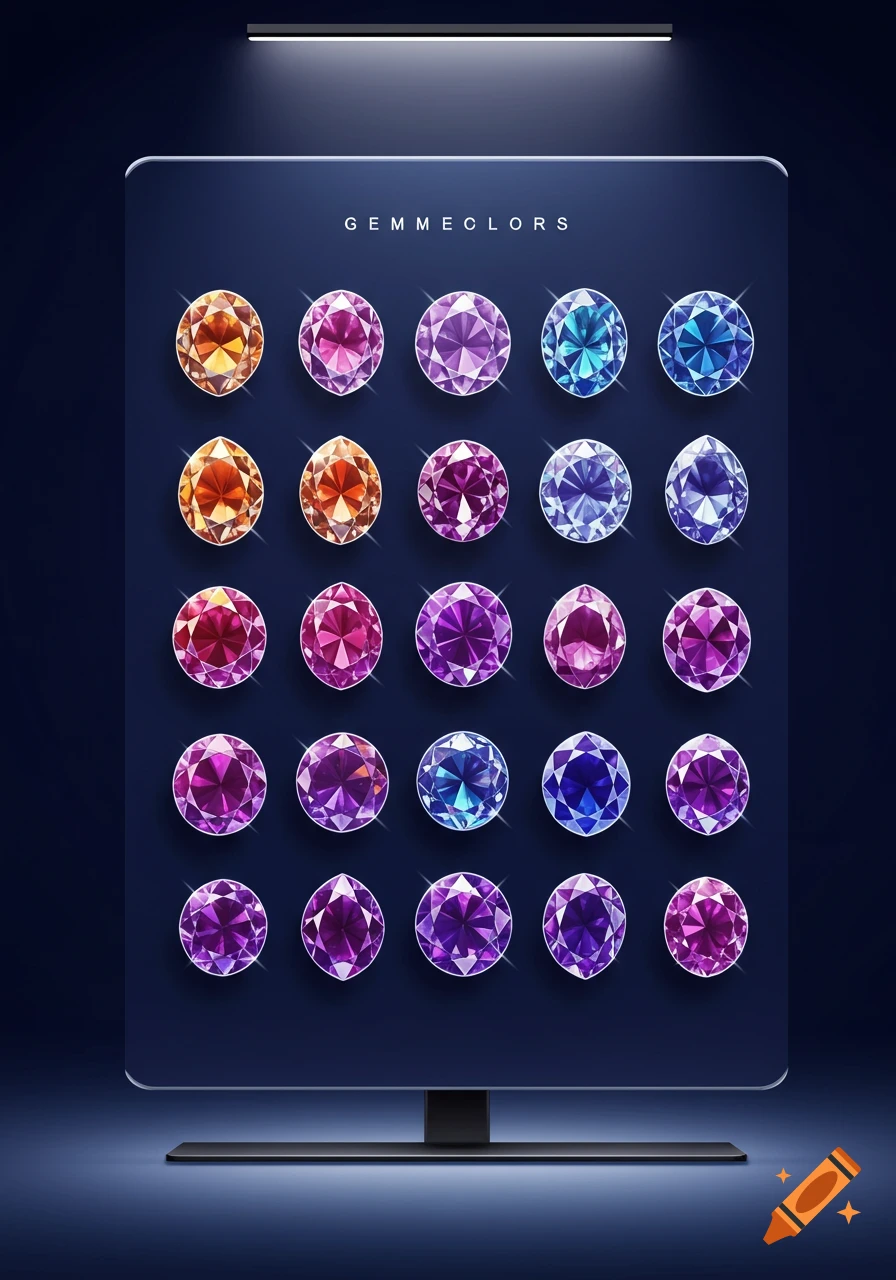 Colorful gemstones arranged on a dark screen display.
