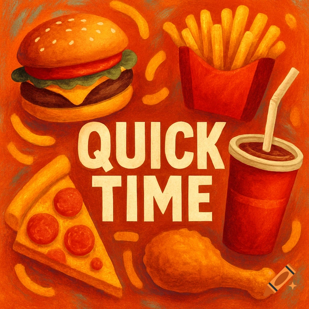 Textured illustration of fast food items (burger, fries, pizza, chicken) surrounding the words QUICK TIME.