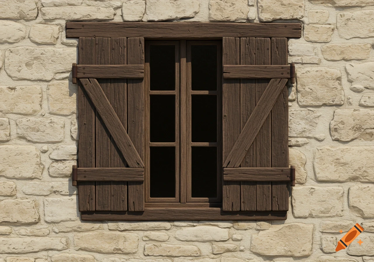 Rustic wooden window with closed shutters in a stone wall.