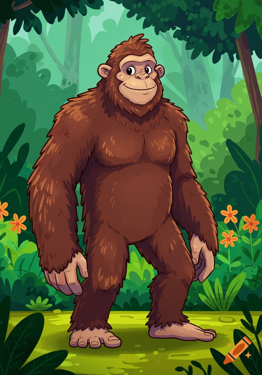 A cartoon Bigfoot stands in a forest.