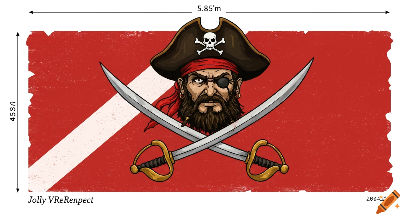 Illustration of a pirate flag with a pirate face, skull hat, eyepatch, beard, and crossed swords on a red and white background.