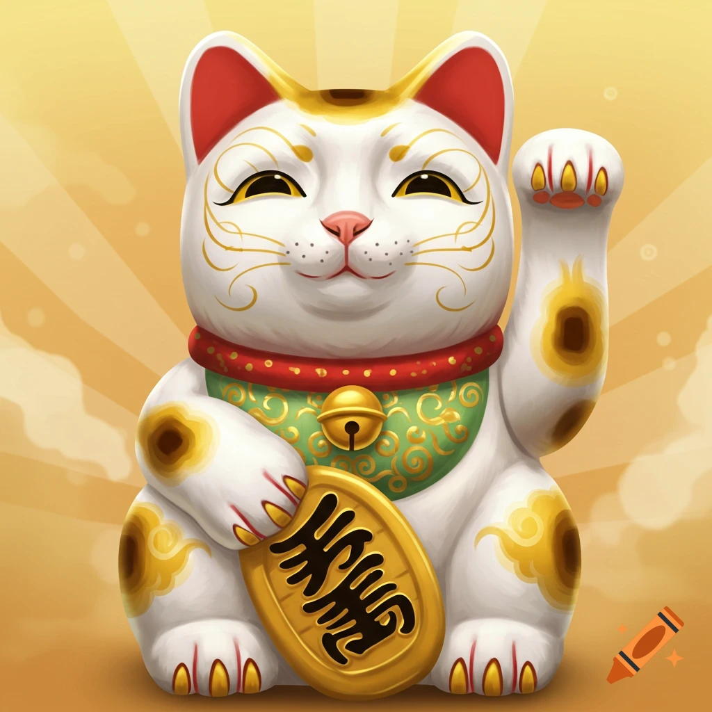 A white and gold Maneki-neko (lucky cat) figurine holds a gold coin with raised paw, against a yellow background.