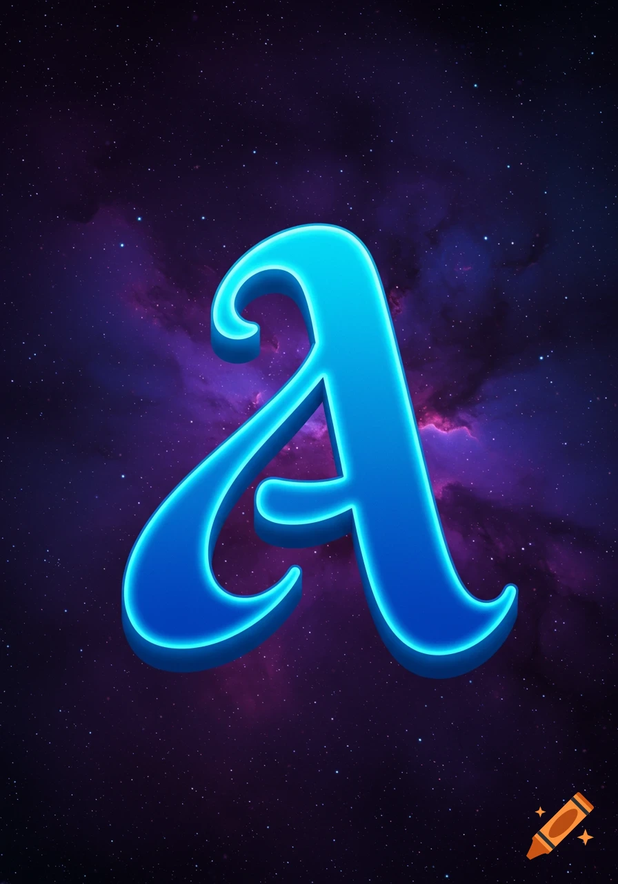 A stylized blue letter A glowing against a space background.