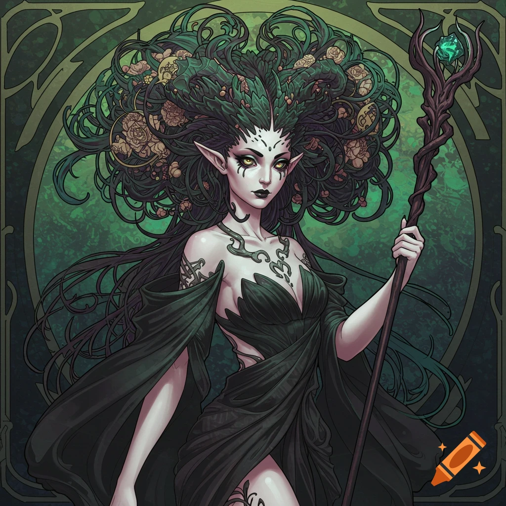 An Art Nouveau illustration of a fantasy woman with elaborate green hair and a staff.