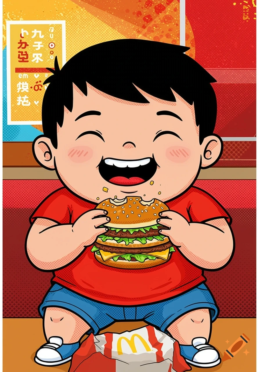 Cartoon boy with black hair and red shirt excitedly eats a large burger, with a fast food bag on the floor.