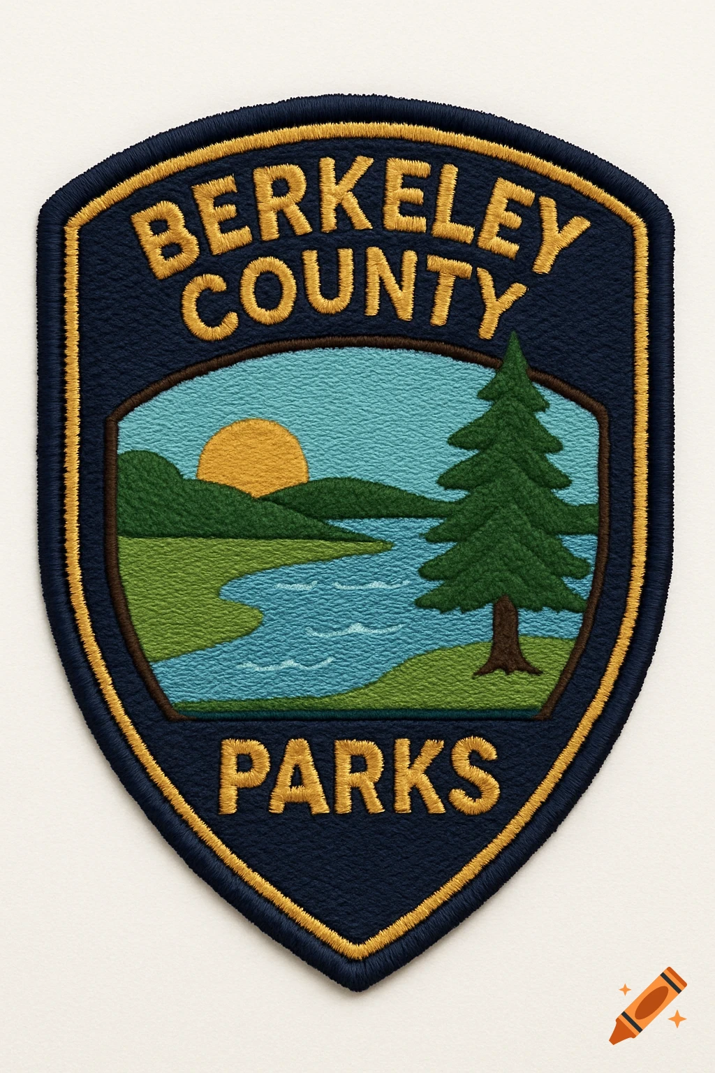 Embroidered patch for Berkeley County Parks featuring landscape art with a river, tree, and sun.