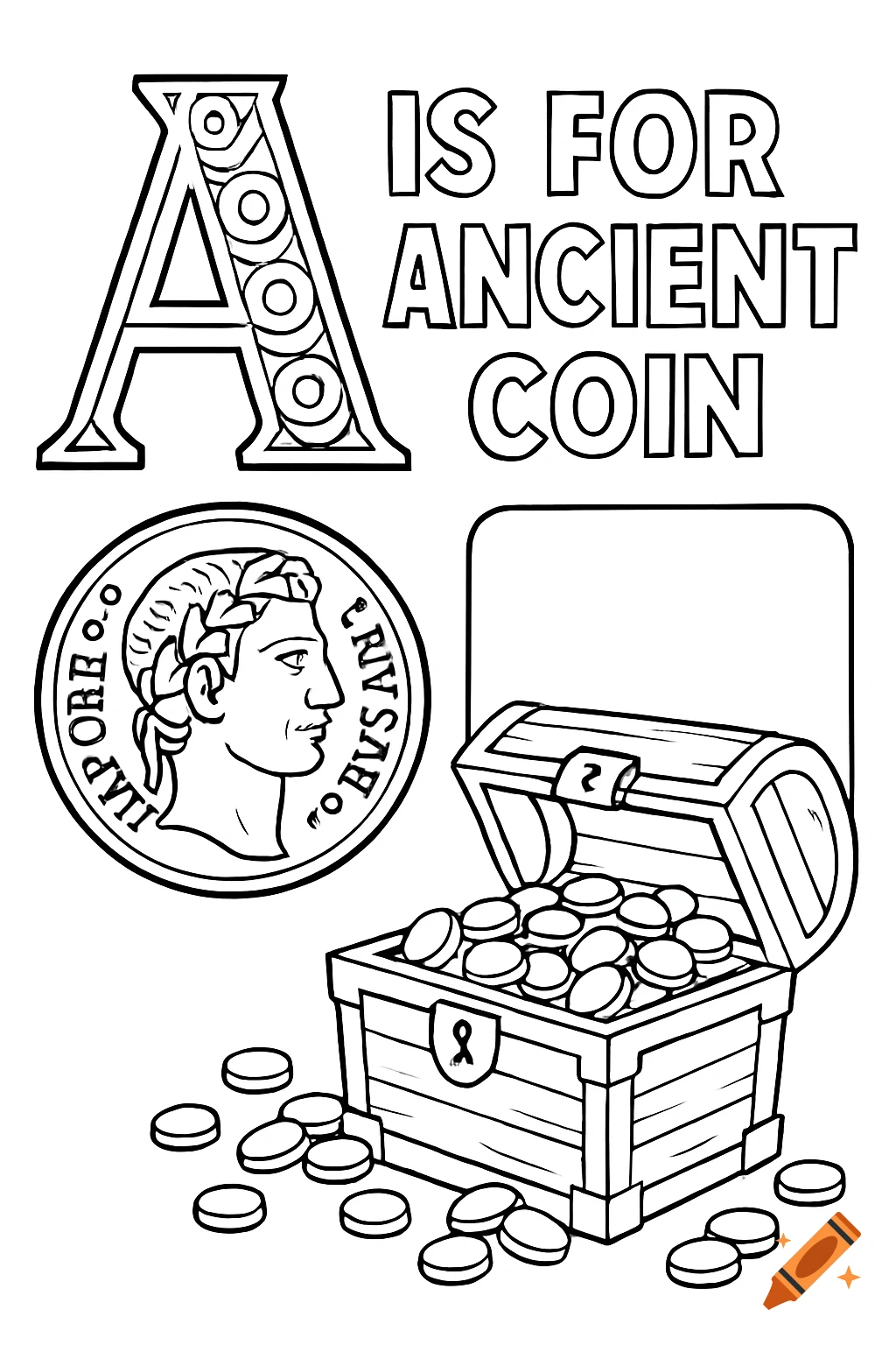 Coloring page with decorative letter A, ancient coin, treasure chest and coins