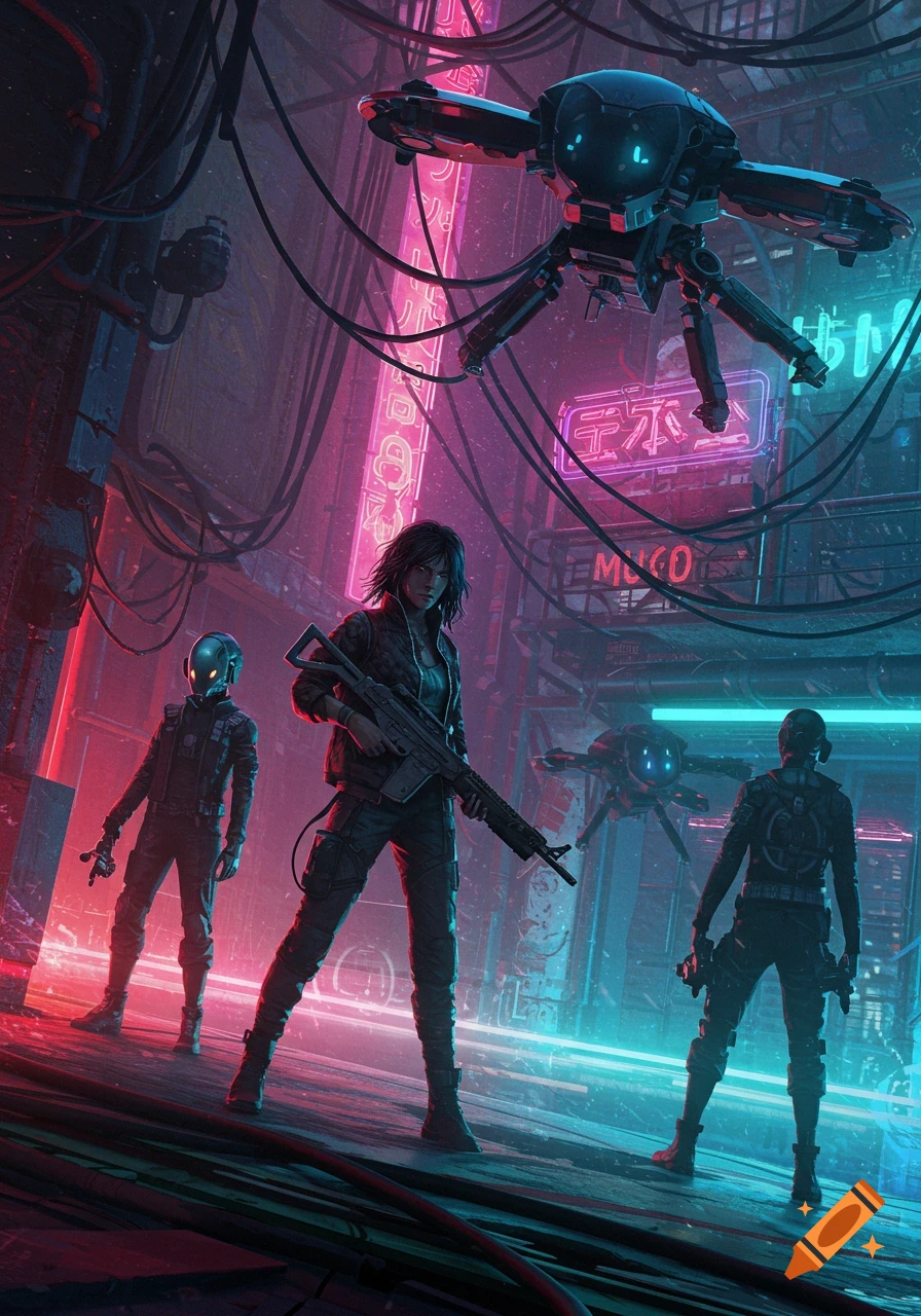Cyberpunk street scene with armed figures and flying drones under neon lights.