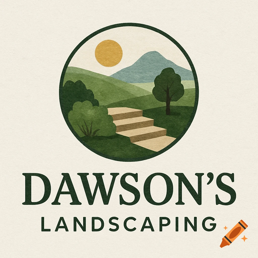 Logo for Dawson's Landscaping featuring stylized sun, hills, steps, trees in a circle with text below.