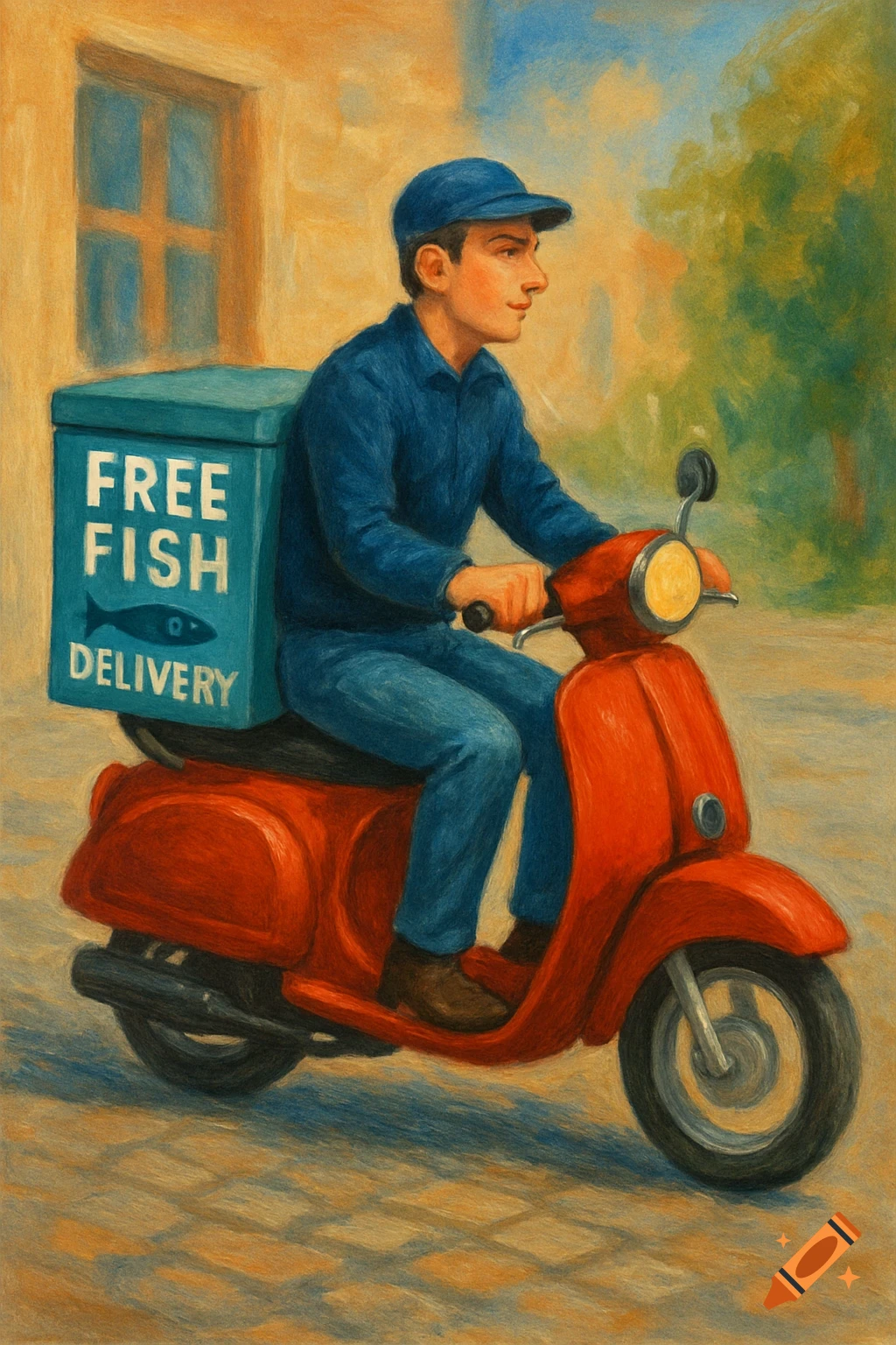 Illustration of a man delivering a box of fish on a red scooter.
