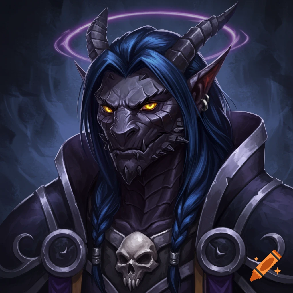 Fantasy portrait of a dragon-like character with dark armor, blue hair, glowing eyes, and a purple halo.