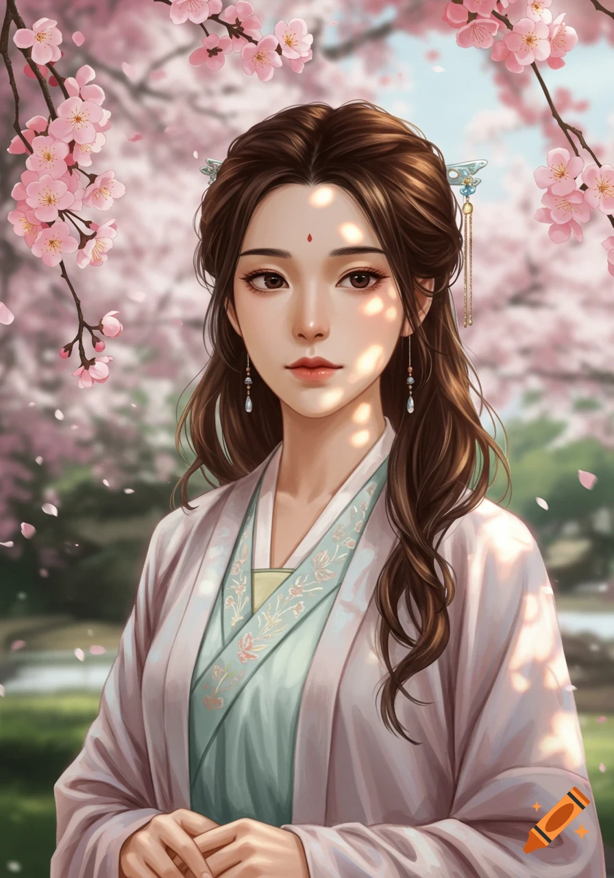Portrait of a woman in traditional Asian clothing under cherry blossoms.
