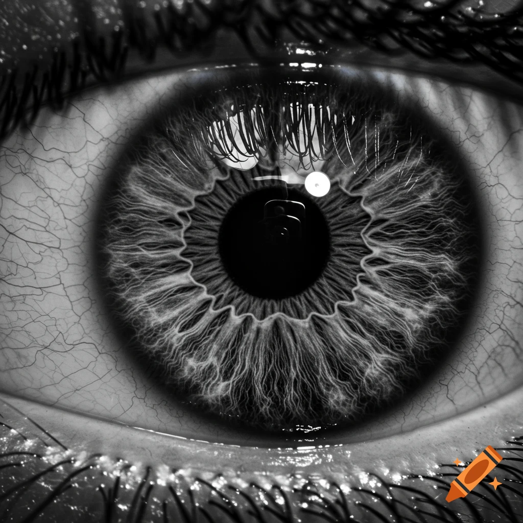 Realistic black and white close-up of a human eye.