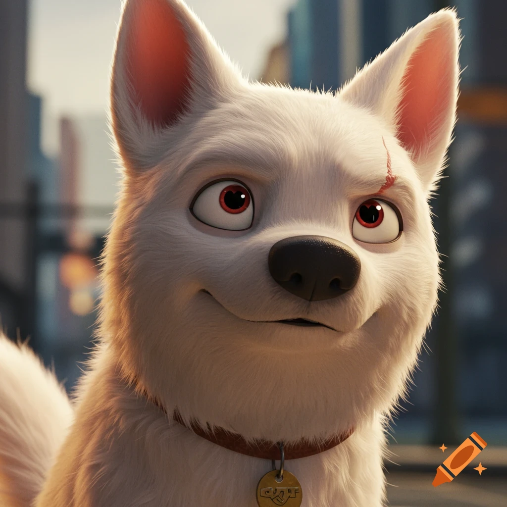 Cartoon white dog with a scar over its eye, red eyes, and a tag on its collar.