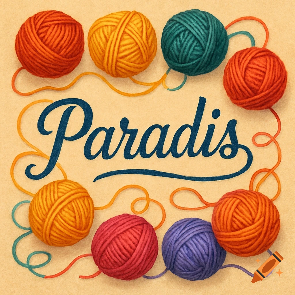 The word Paradis in script font surrounded by colorful balls of yarn.