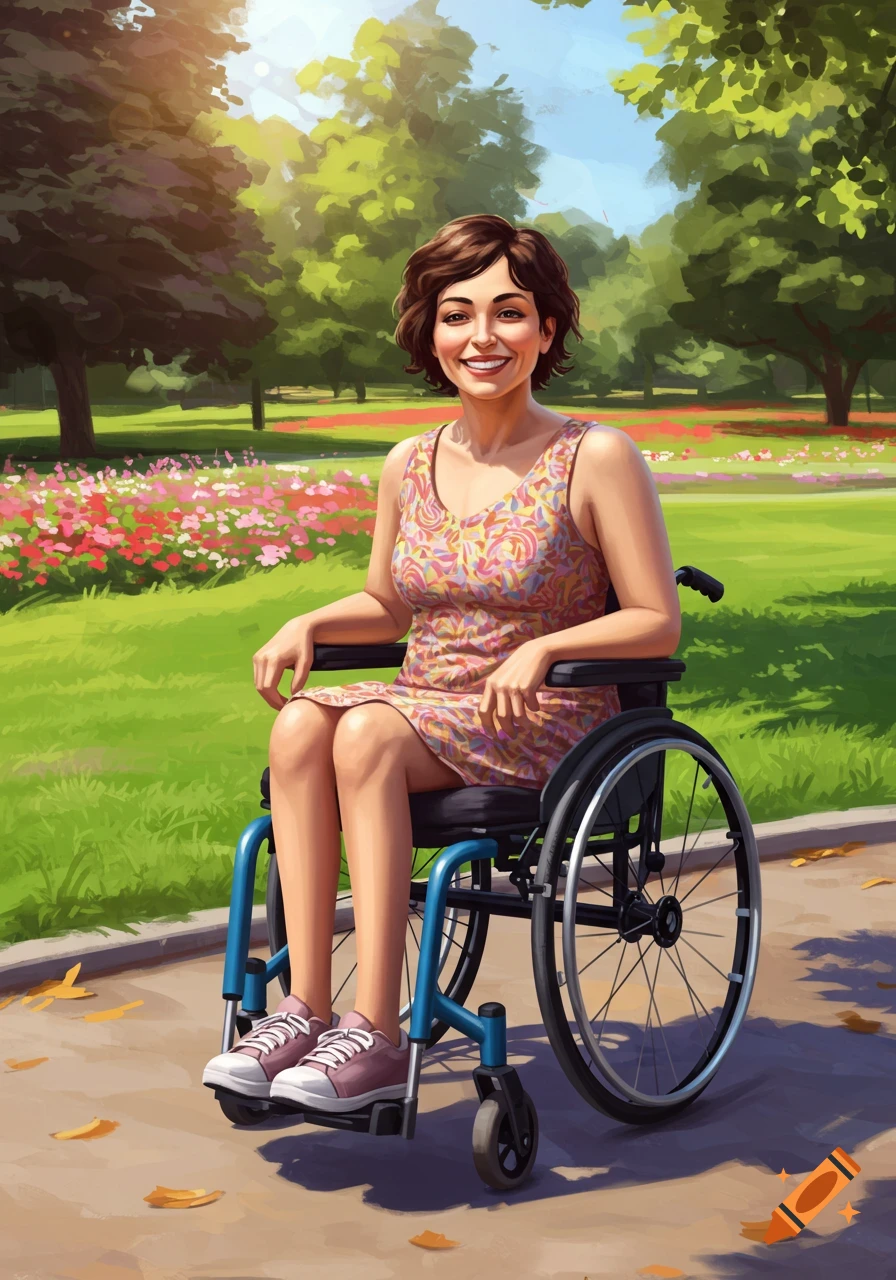 Short-haired woman in a wheelchair smiling in a park, illustration.