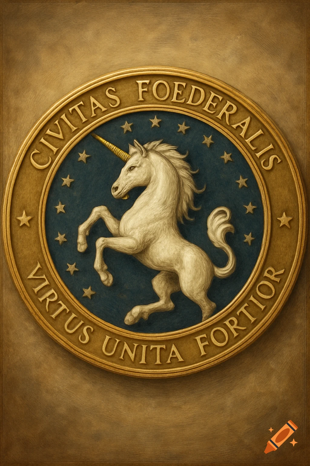 A golden seal with a rearing white unicorn in the center, surrounded by gold text and stars.
