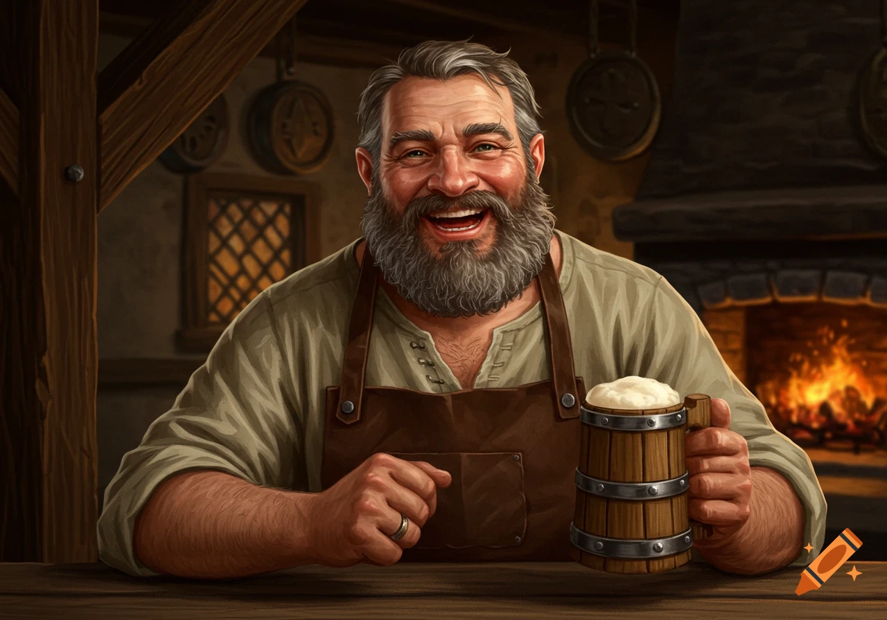 A smiling bearded man holding a wooden mug in a rustic tavern.