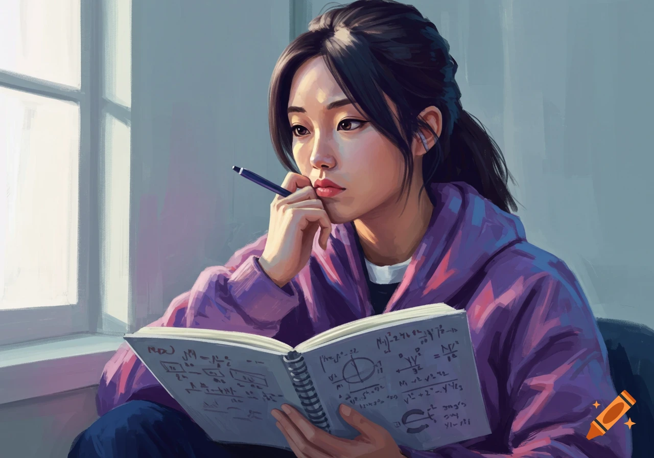 Student with pen and notebook thinking by a window