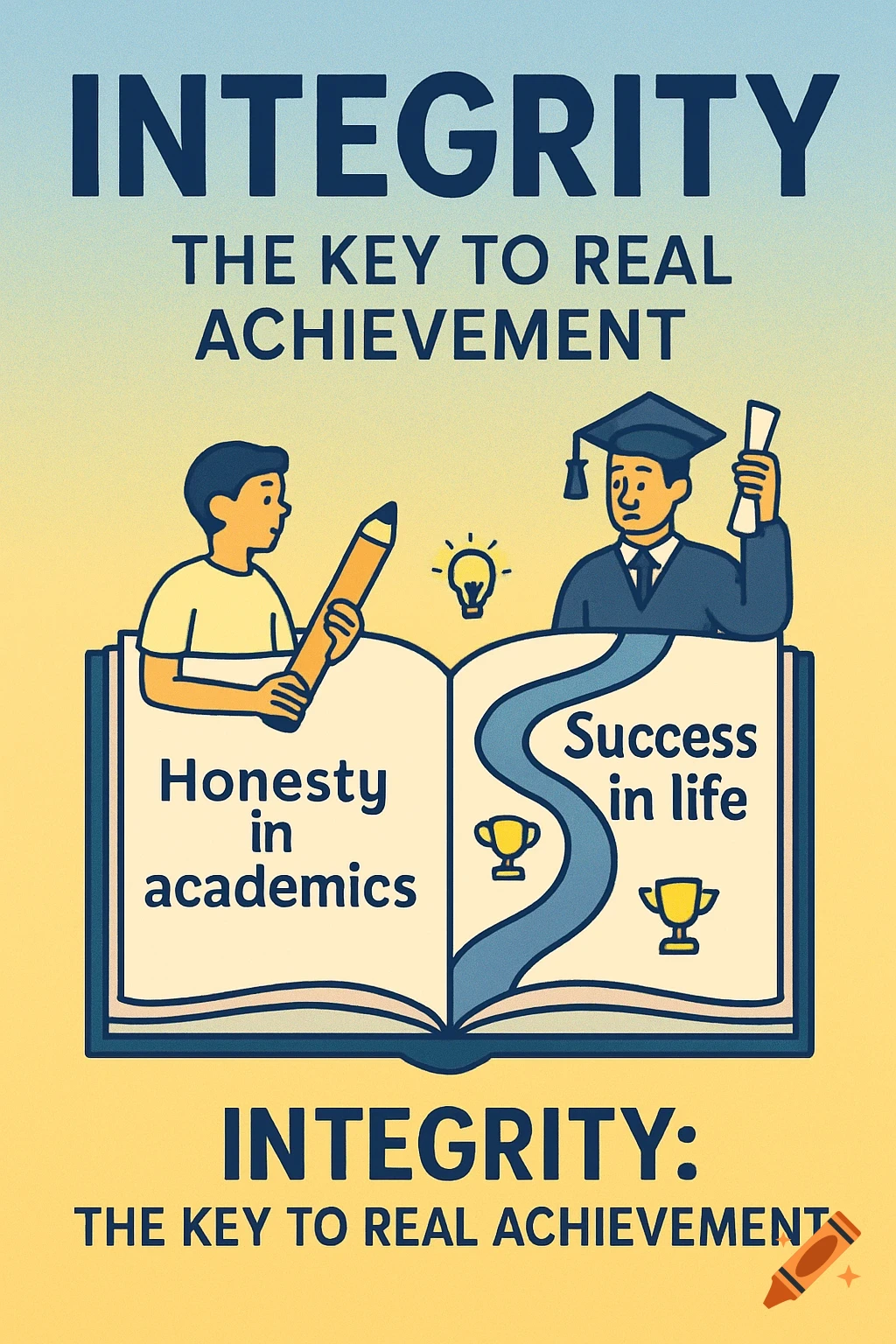 Illustration of an open book with students. Text reads: Integrity: The Key to Real Achievement, Honesty in academics, Success in life.