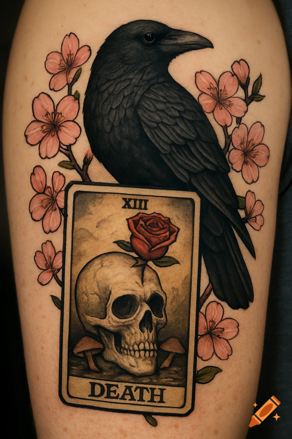 Tattoo of a raven perched on a Death tarot card with a skull and rose, surrounded by cherry blossoms.