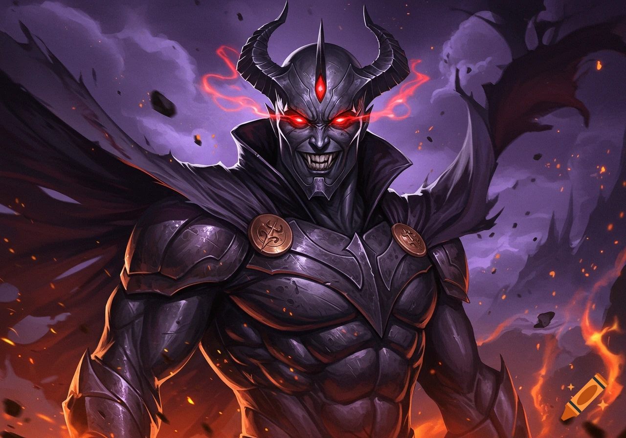 Close-up of a demonic villain with horns, glowing red eyes, and dark armor, surrounded by fire and destruction in a digital painting style.