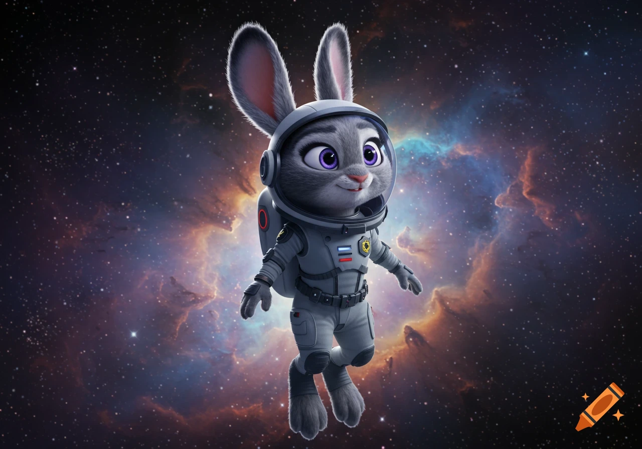 A 3D animated grey bunny wearing a space suit floats in space with stars and a nebula in the background.
