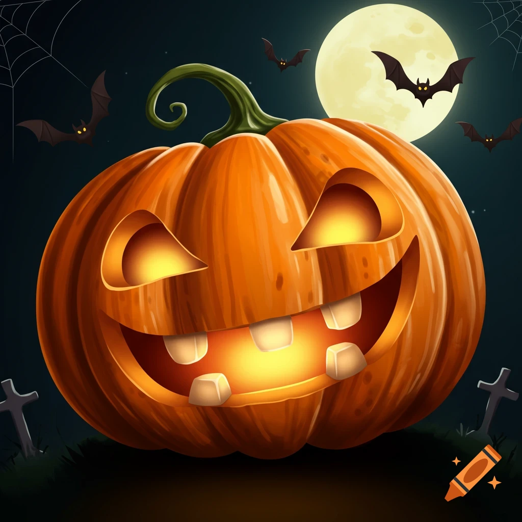 A cartoon illustration of a funny Halloween jack-o'-lantern with glowing eyes and mouth, bats, full moon, and gravestones.