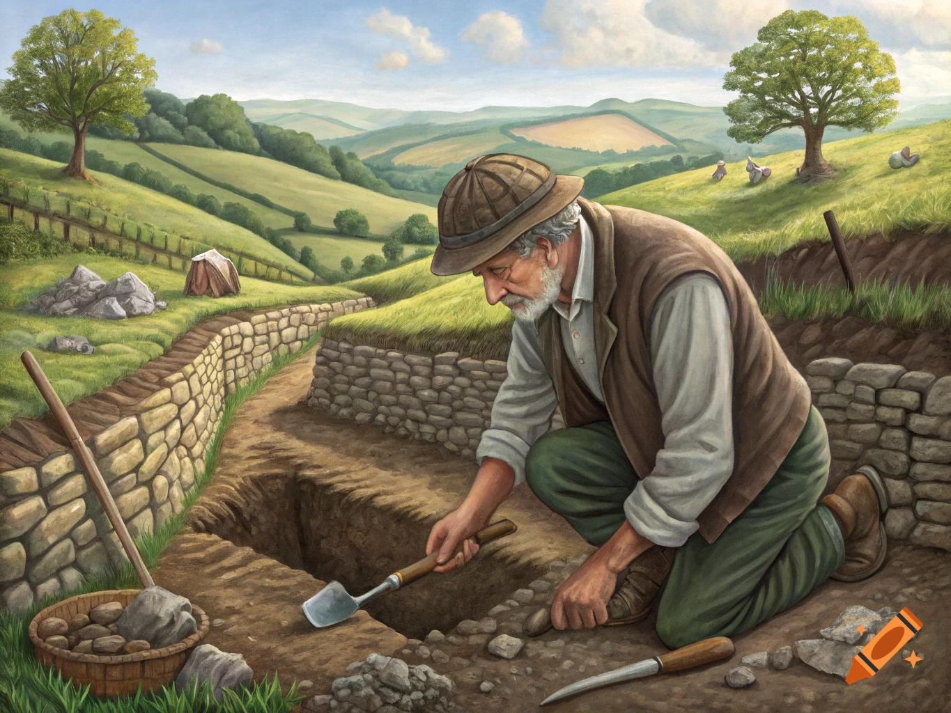 Oil painting of an old man digging an archaeological trench in a green, hilly landscape.