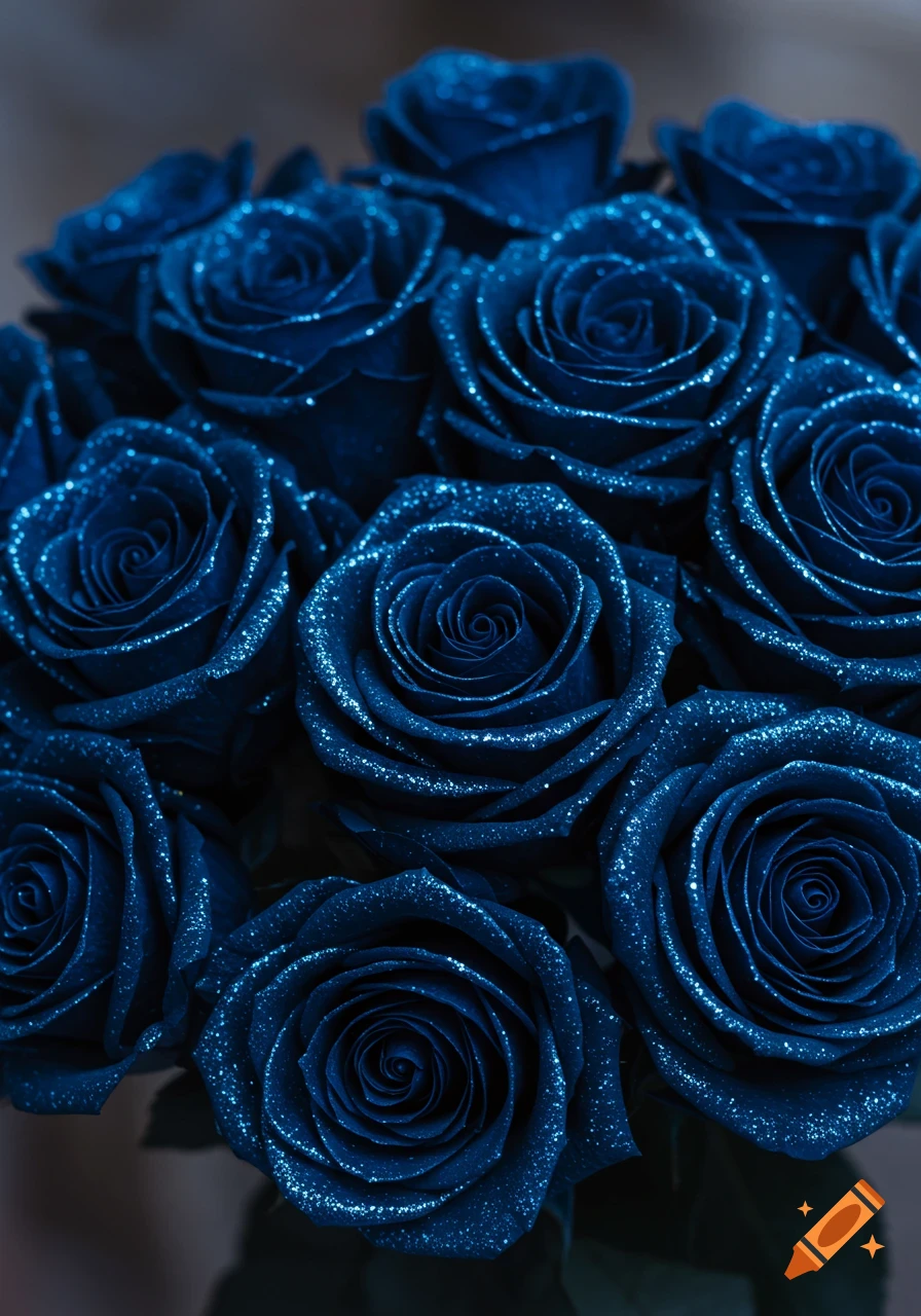 Close up of a bouquet of dark blue roses covered in glitter.
