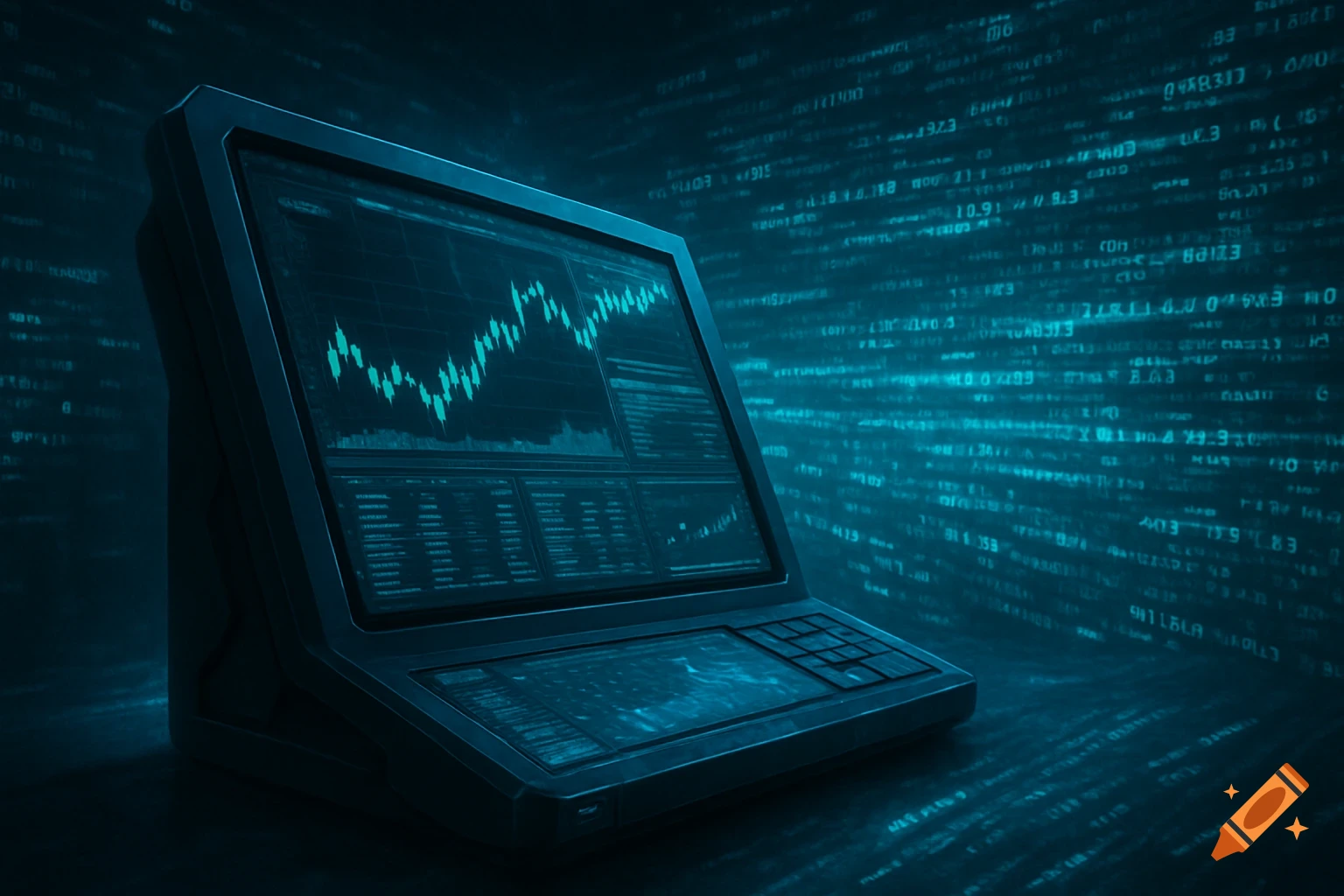 Futuristic computer screen displaying a financial graph and data streams