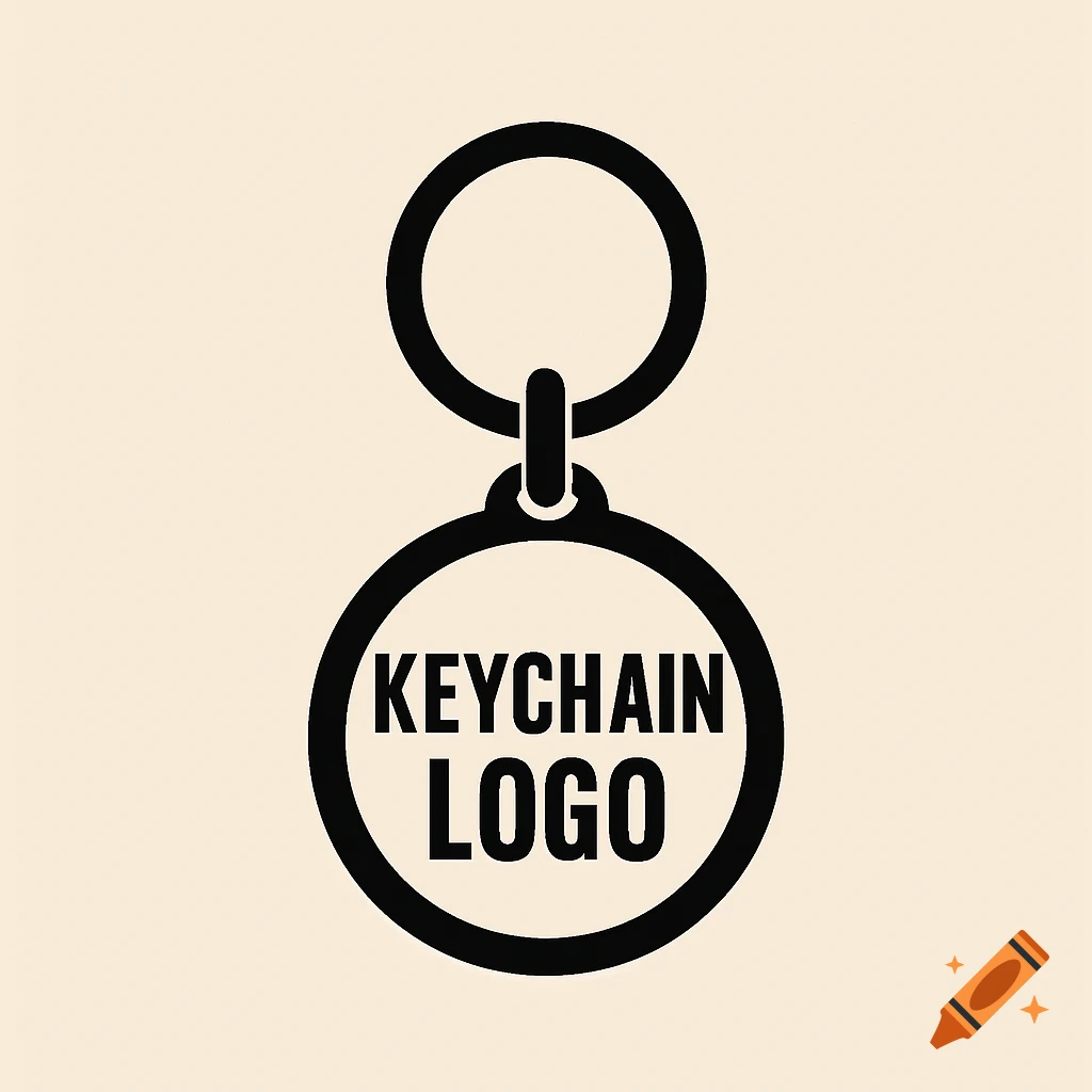 Black graphic logo design for a keychain with text on a light background